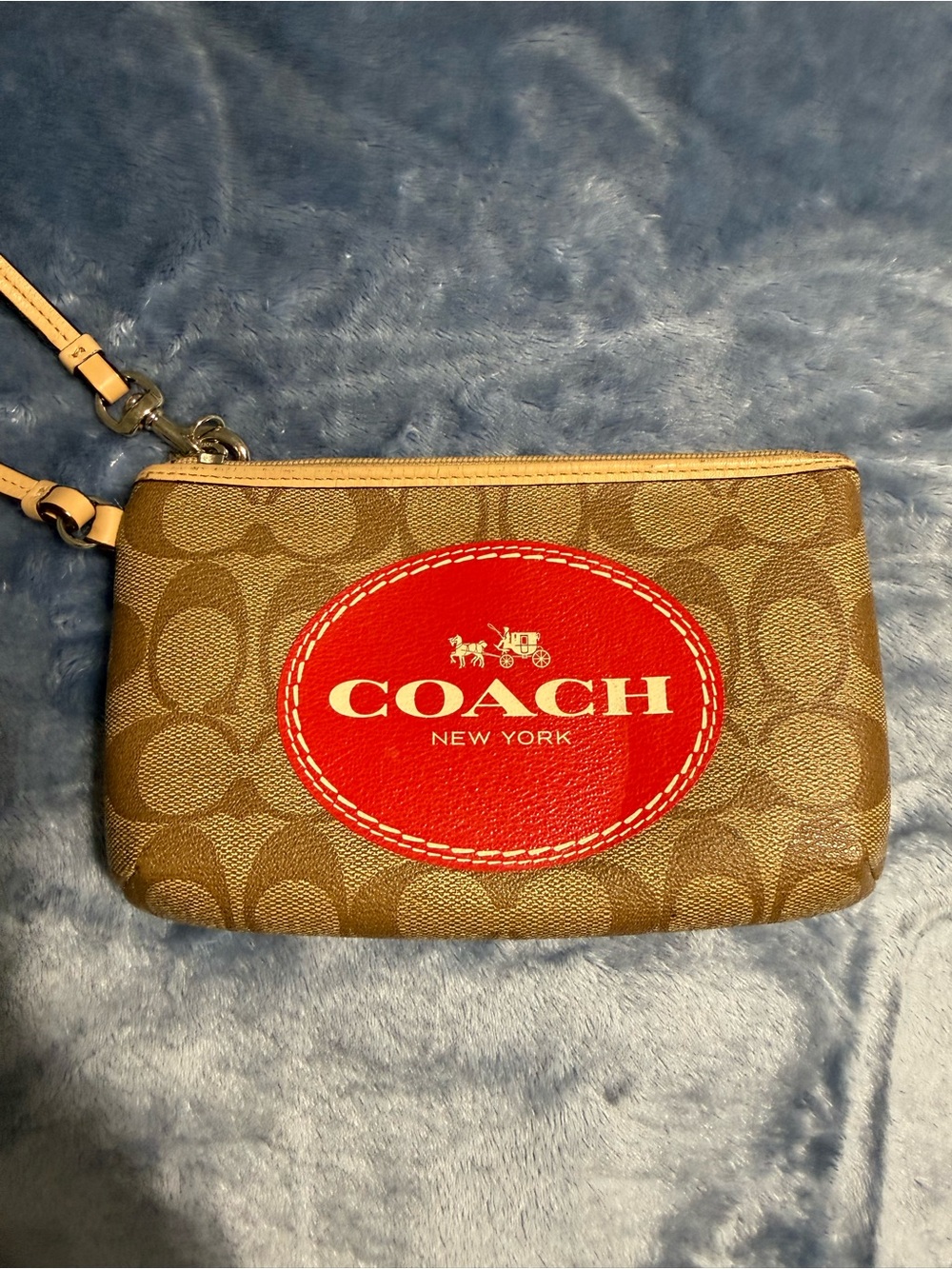 Coach Brown Signature Canvas Wristlet with Red Logo Patch